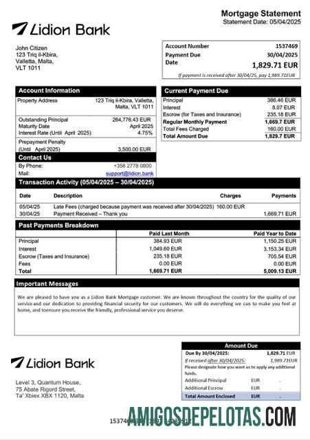 imprimível Modelo Word e PDF de extrato de hipoteca do Malta Lidion Bank